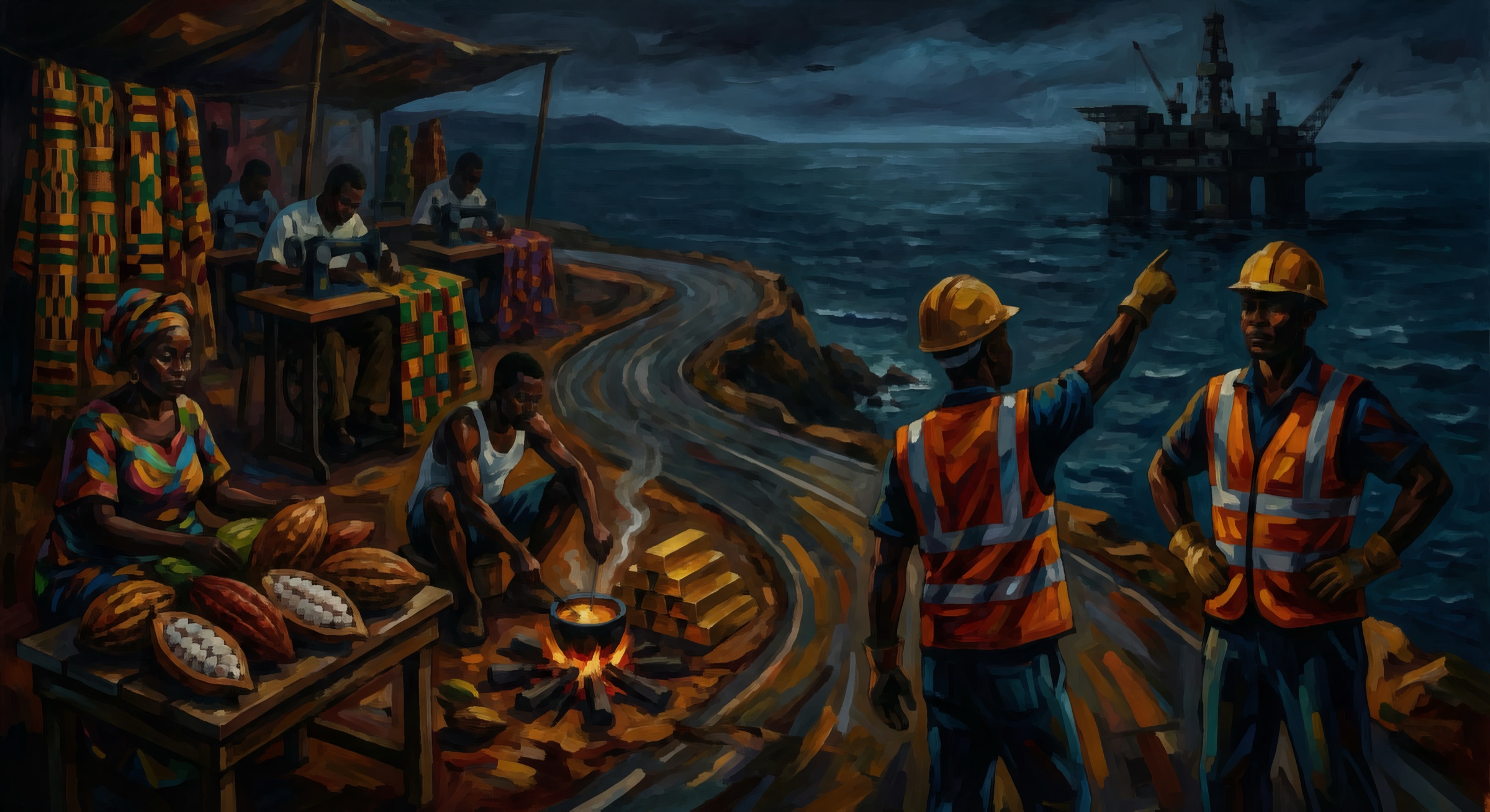 Ghanaian craft, commodities and industry — kente weaving, cocoa, gold and offshore energy
